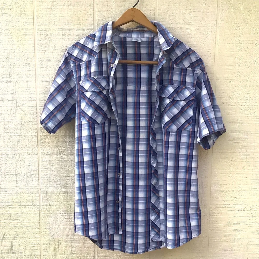 Y2K vintage western style skater vibe short sleeve snap button front Plaid Shirt